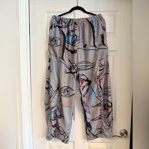 Artistic Gray Wide Leg Pants with Multicolor Abstract Print